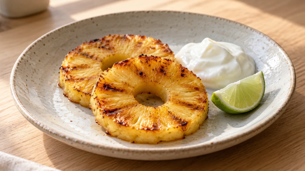 Ananas poêlé au citron vert et yaourt — présentation du plat (illustration).