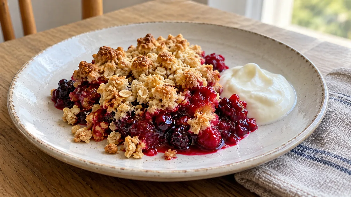 Crumble aux fruits rouges et flocons d’avoine, avec des fruits surgelés — présentation du plat (illustration).