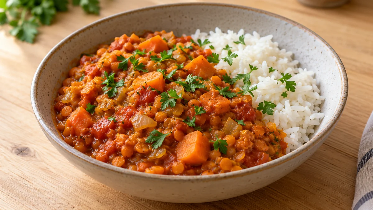 Curry de lentilles corail et carottes — présentation du plat (illustration).