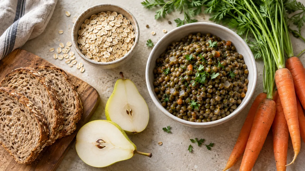 Avoine, pain complet, poire, lentilles et carottes sur un plan de travail.