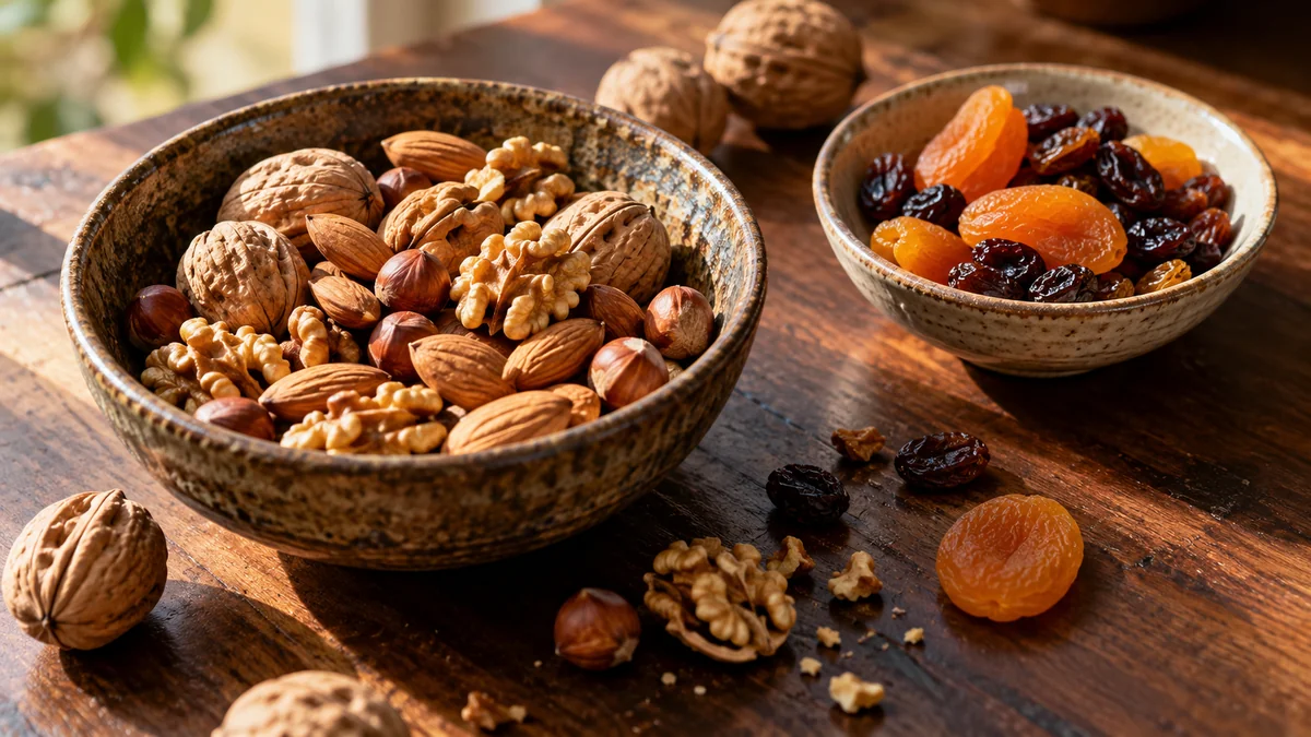 Noix, amandes et noisettes dans un bol, abricots et raisins séchés dans un autre.