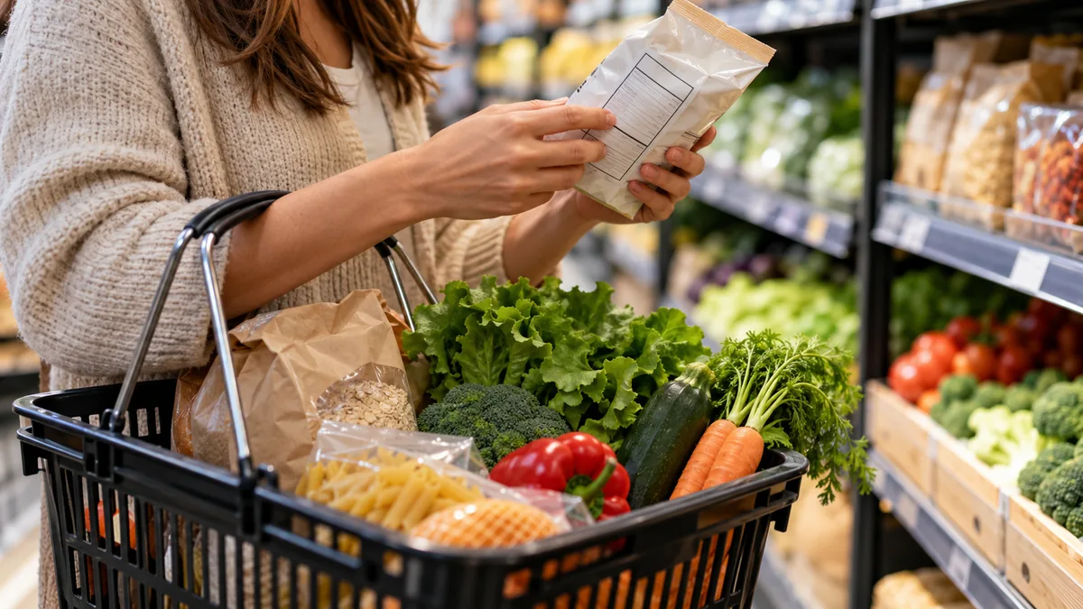 Produits alimentaires et étiquettes sur une table de cuisine