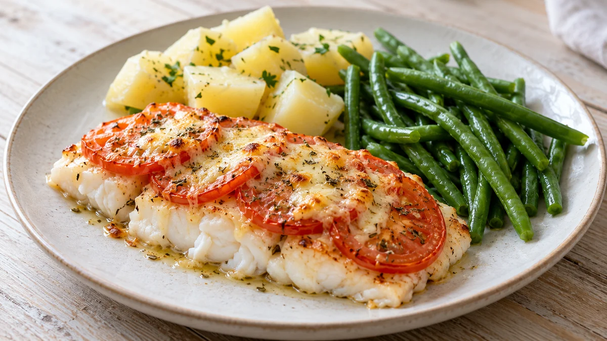 Poisson blanc gratiné à la tomate, avec pommes de terre et haricots verts — présentation du plat (illustration).