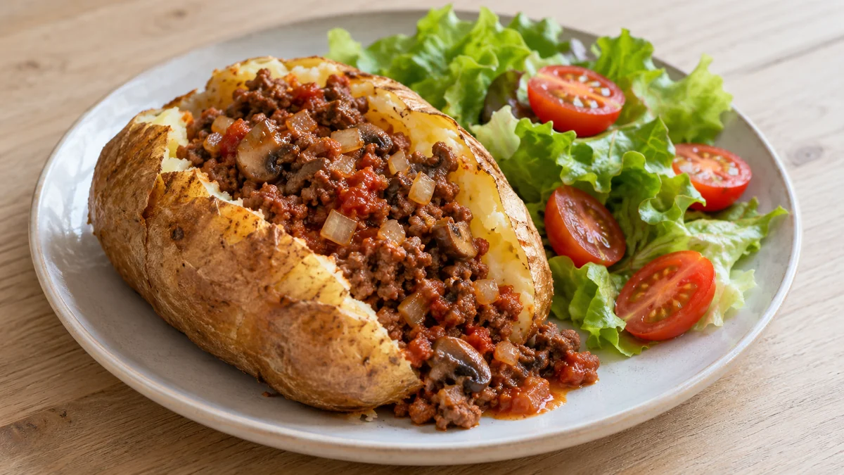 Pommes de terre farcies au bœuf et aux champignons, au four — présentation du plat (illustration).