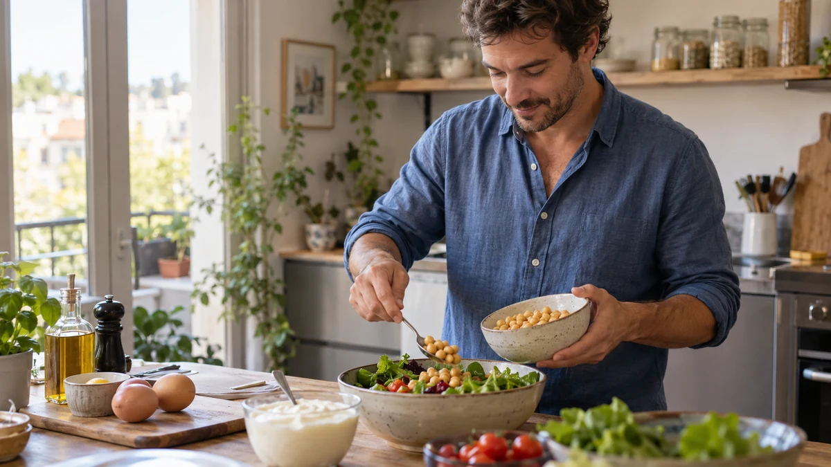 Un homme prépare une salade de pois chiches dans sa cuisine.