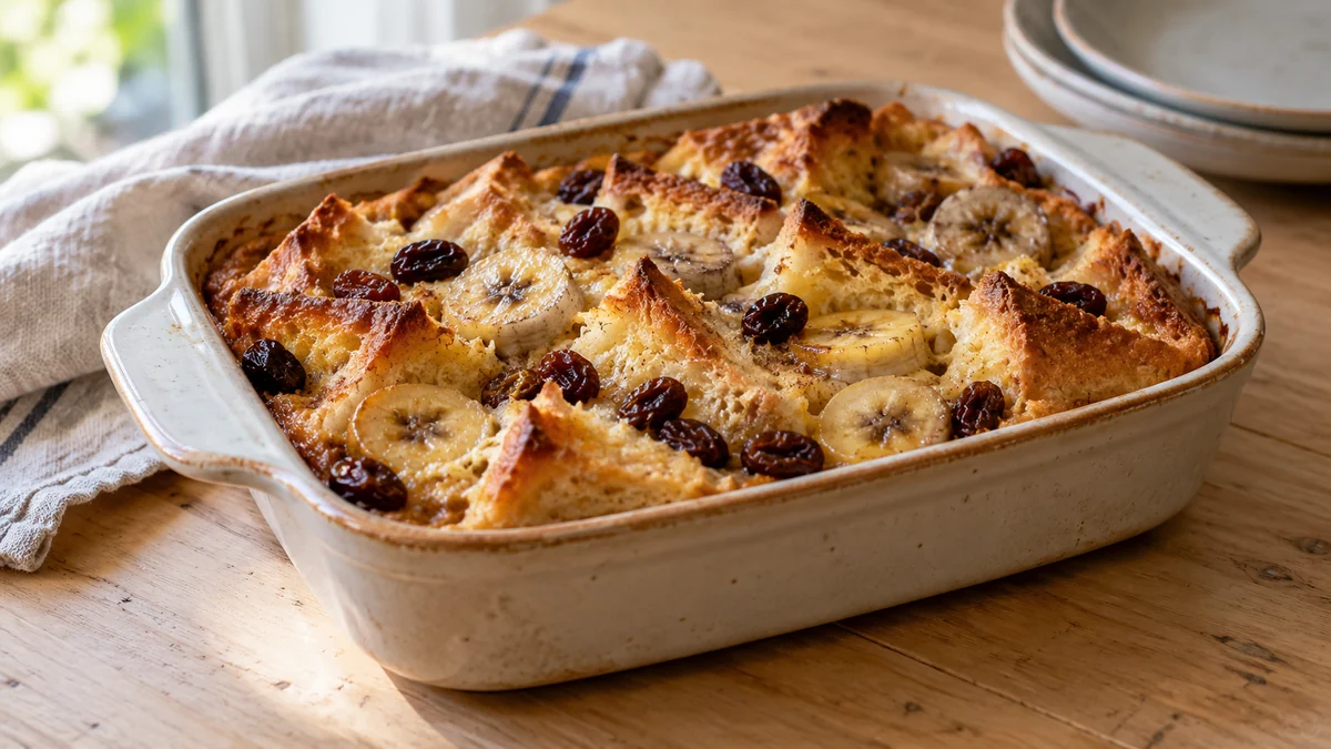 Pudding de pain à la banane — présentation du plat (illustration).