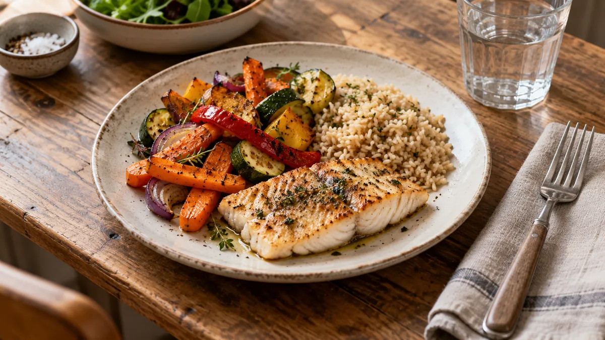 Assiette composée de poisson grillé, de riz et de légumes rôtis.