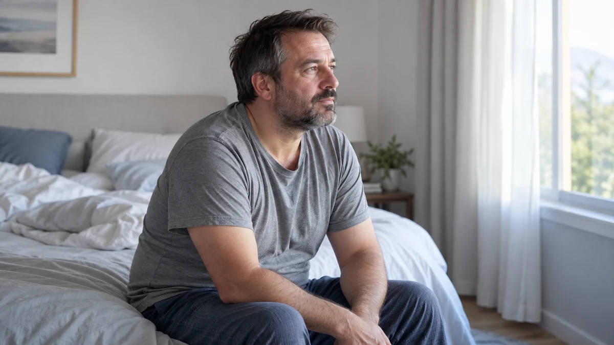 Un homme assis au bord de son lit au réveil.