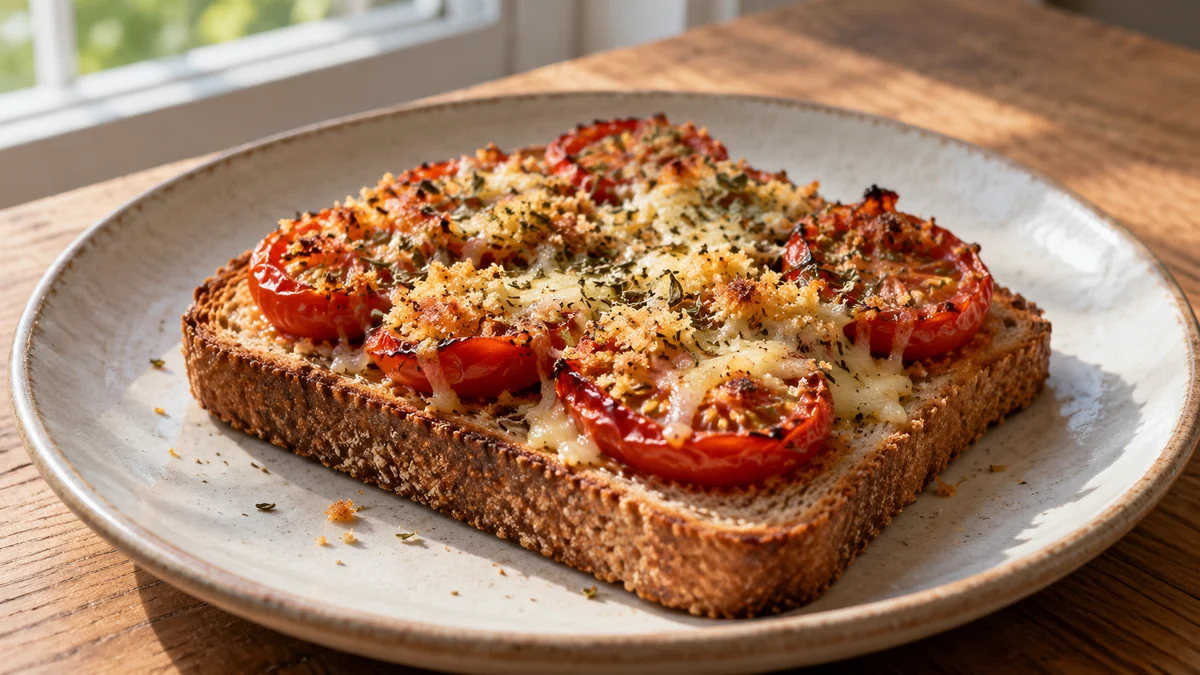 Tartines aux tomates rôties et fromage — présentation du plat (illustration).